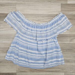 AMERICAN EAGLE Womens Blue White Stripe Ruffle Boat Neck Flowy Blouse Large